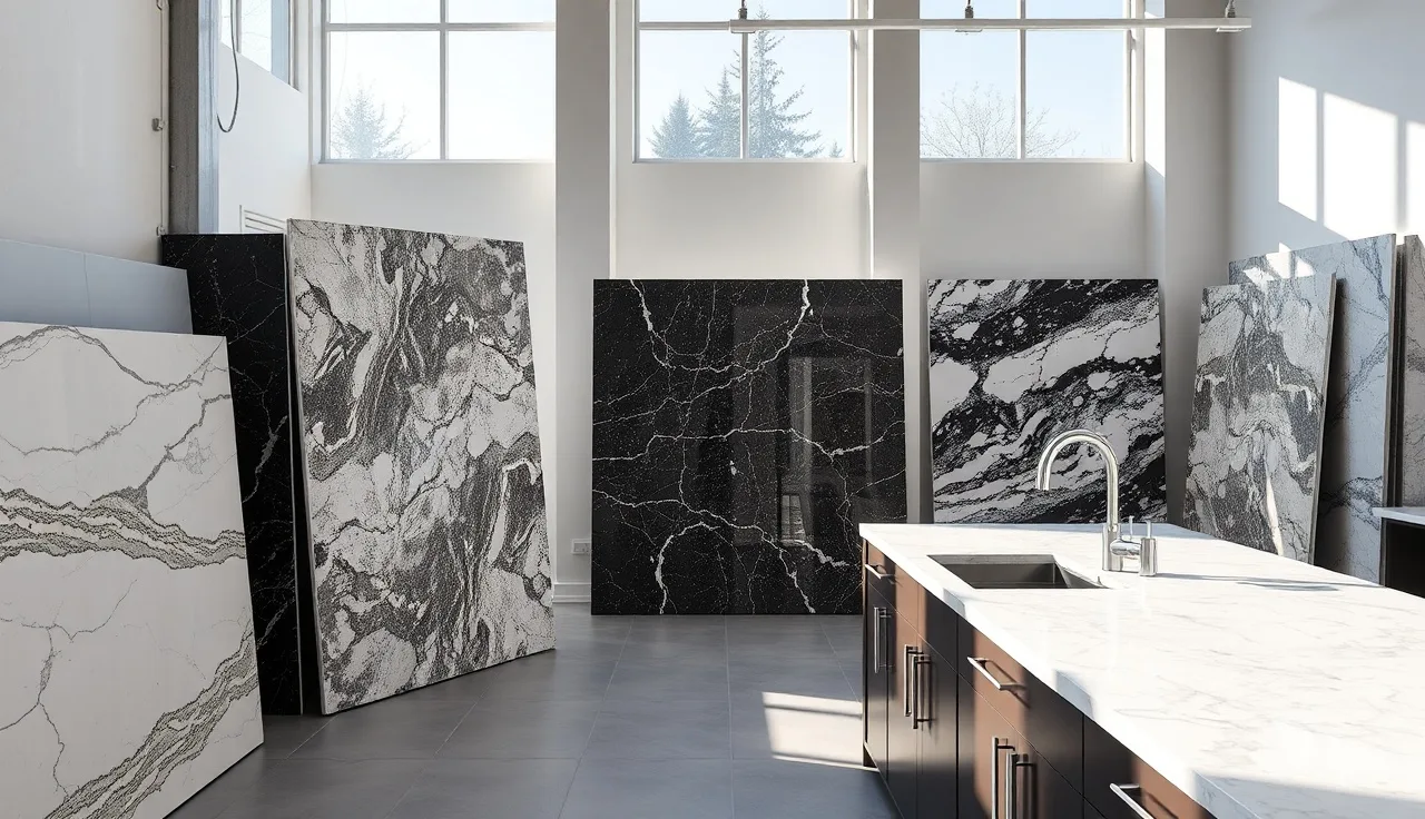 Stone countertop showroom with mounted slab displays and a kitchen vignette