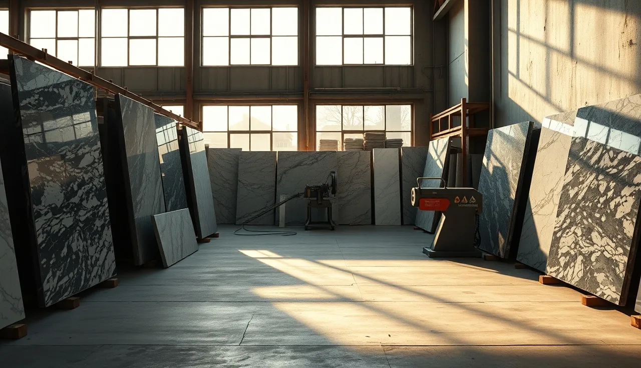 Stone fabrication shop with polished granite slabs and cutting equipment