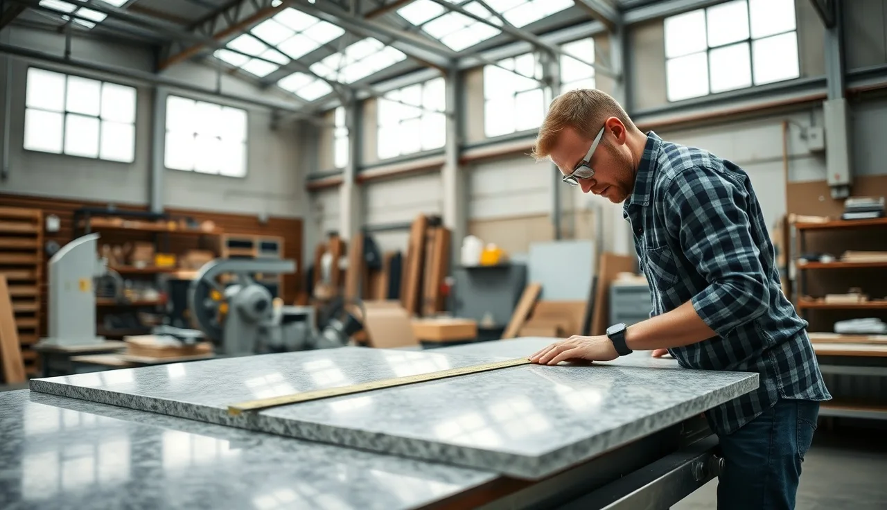 Fabricator measuring a granite slab in a countertop workshop before cutting