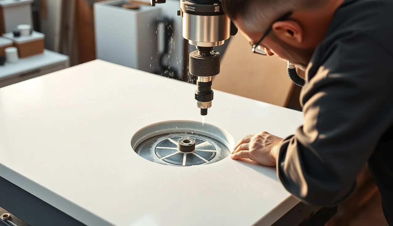 Stone fabricator cutting a vessel sink drain opening in a quartz vanity countertop