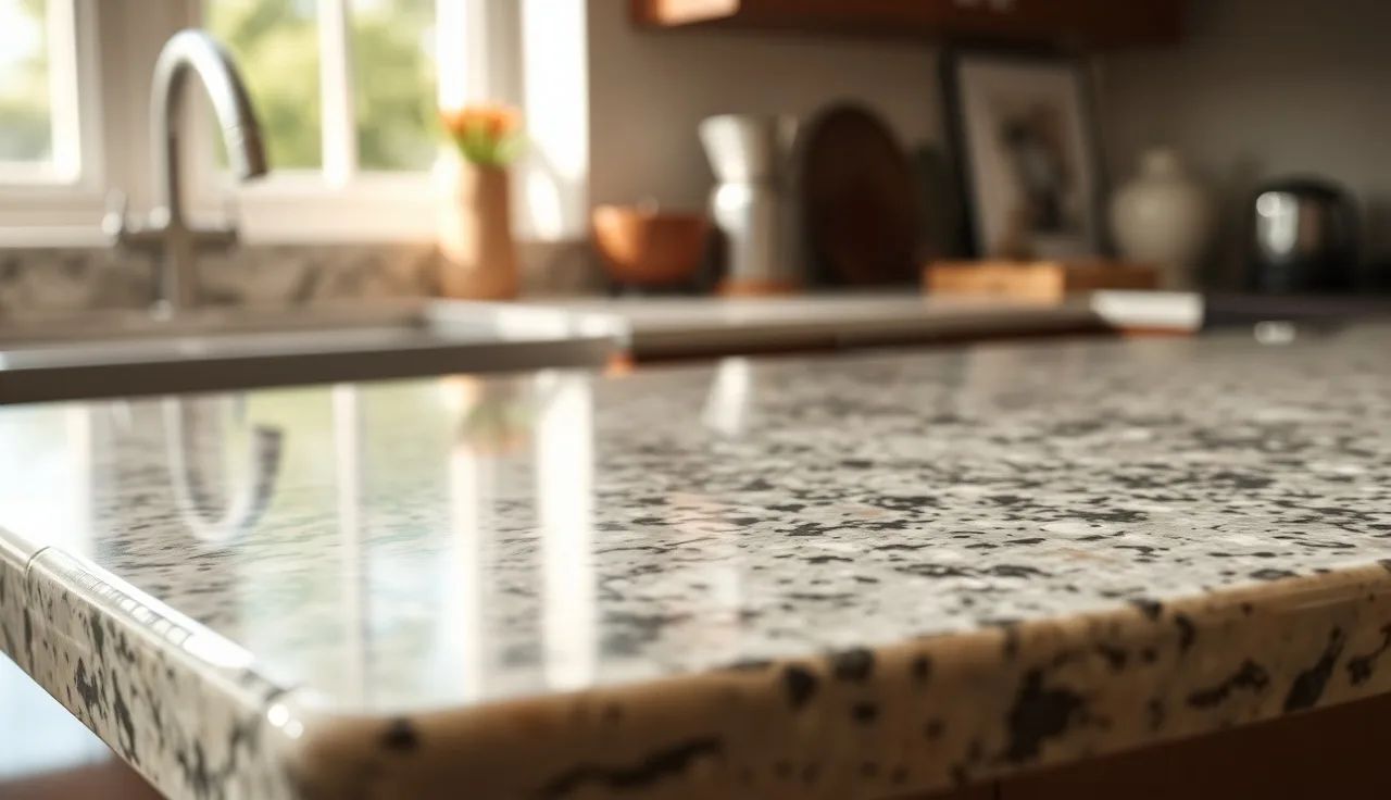 Polished granite countertop with a carved ogee edge profile in afternoon light
