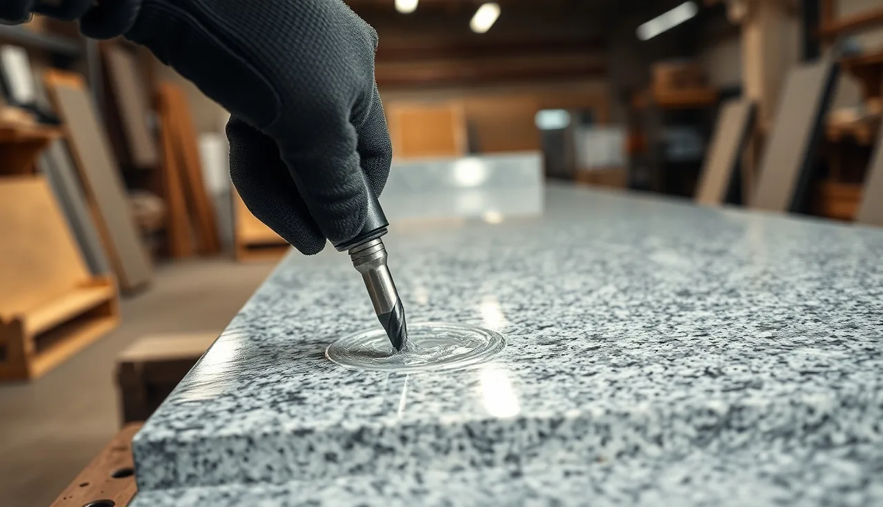 Diamond core bit drilling a faucet hole through a granite countertop slab in a fabrication shop