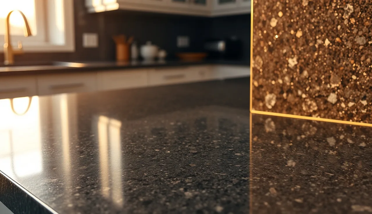 Leathered and polished granite countertop samples side by side in kitchen light