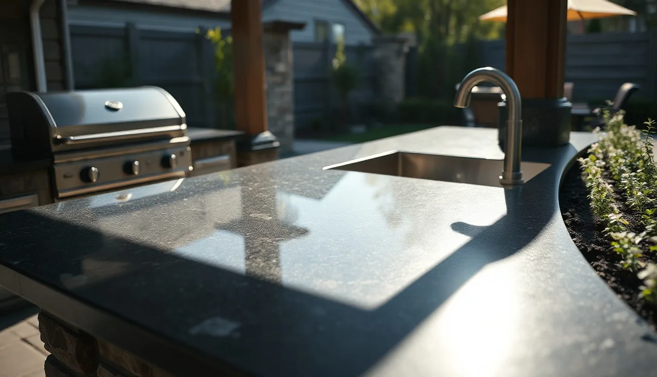 Polished dark granite outdoor kitchen countertop with built-in grill on a sunny patio