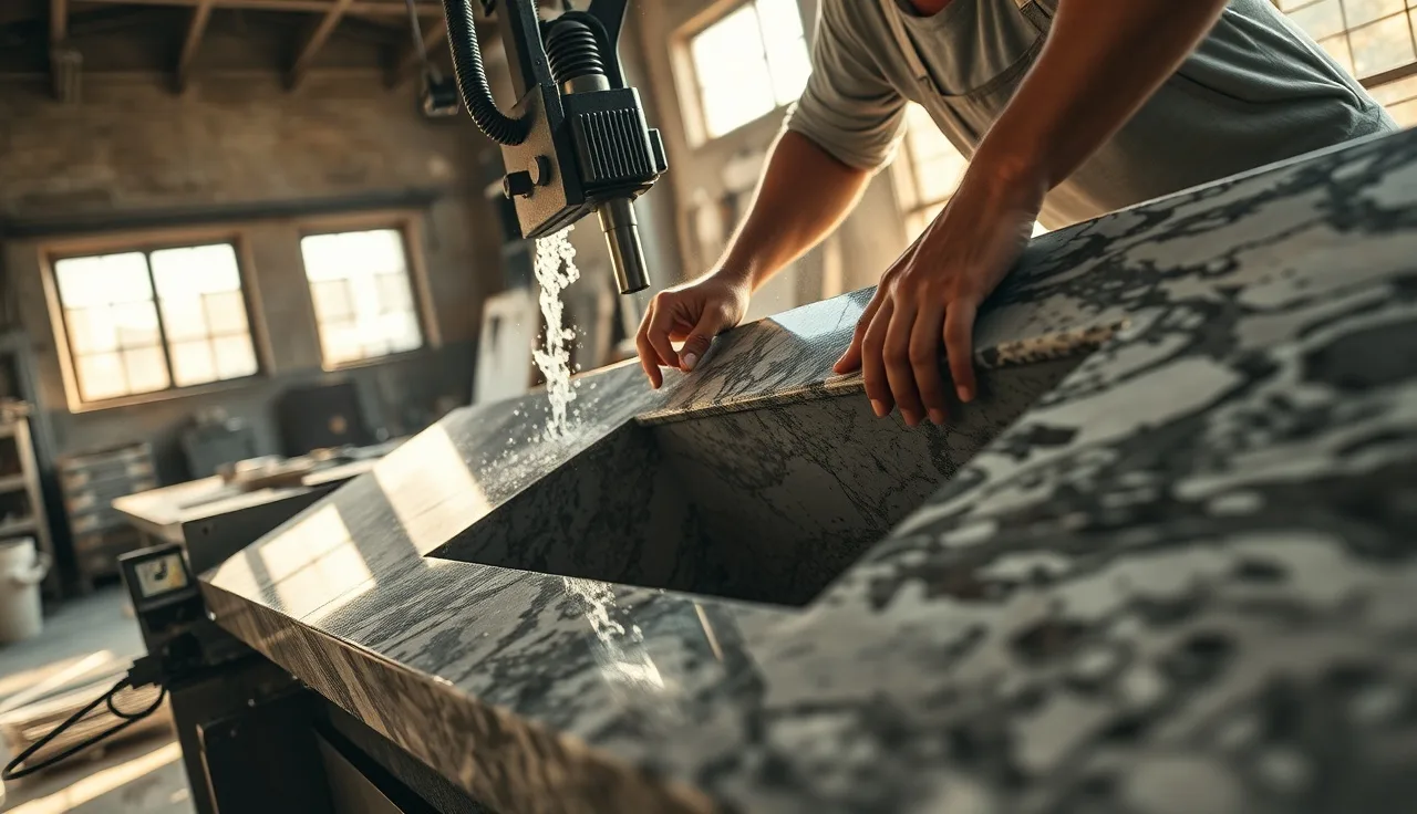 Fabricator cutting a sink opening in a granite slab with a wet bridge saw