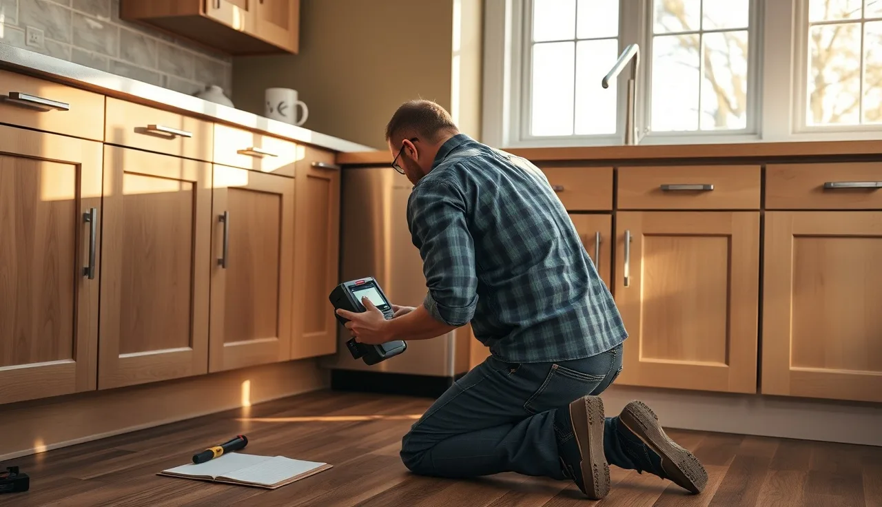 Fabricator using a digital laser device to template kitchen countertop measurements