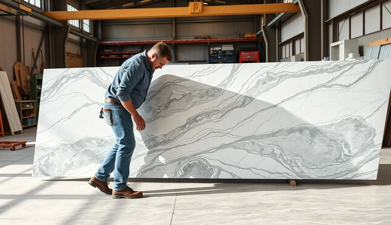 Fabricator aligning two veined marble slabs on shop floor to check vein-match before cutting