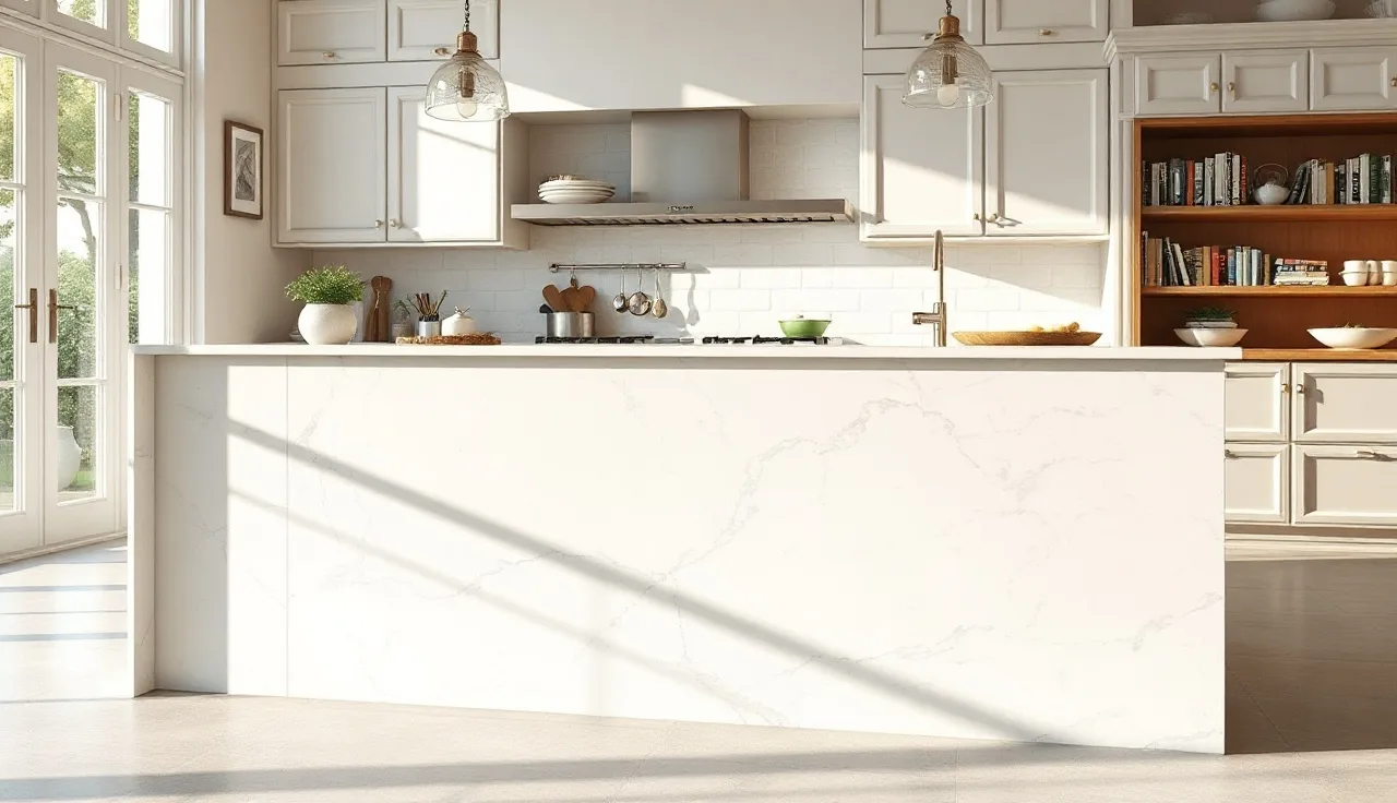 Marble waterfall edge island with floor-length stone panel and mitered corner joint