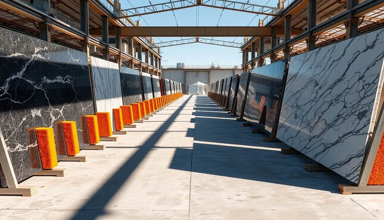 Stone slabs stored upright on padded A-frames in a fabrication shop yard