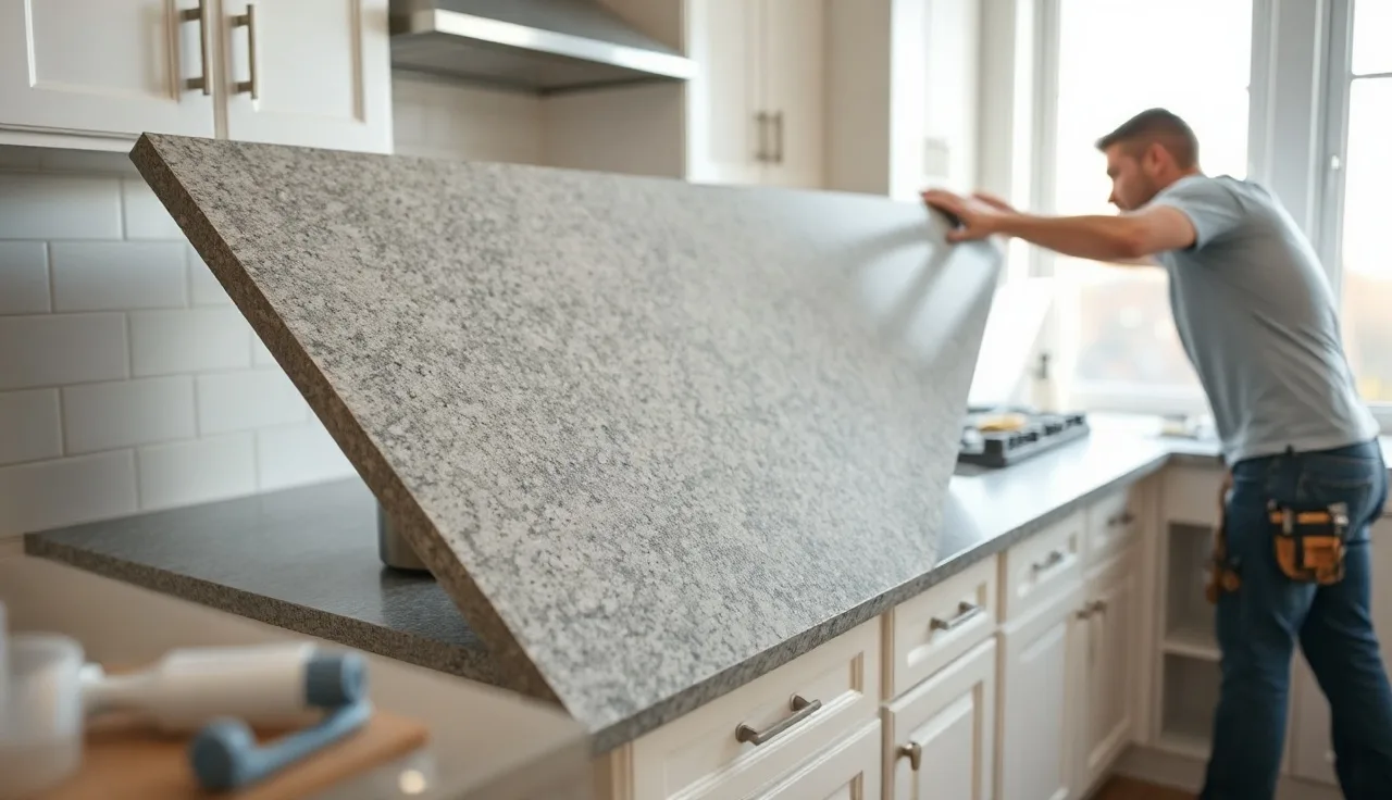 Granite countertop slab being positioned on white kitchen cabinets during installation