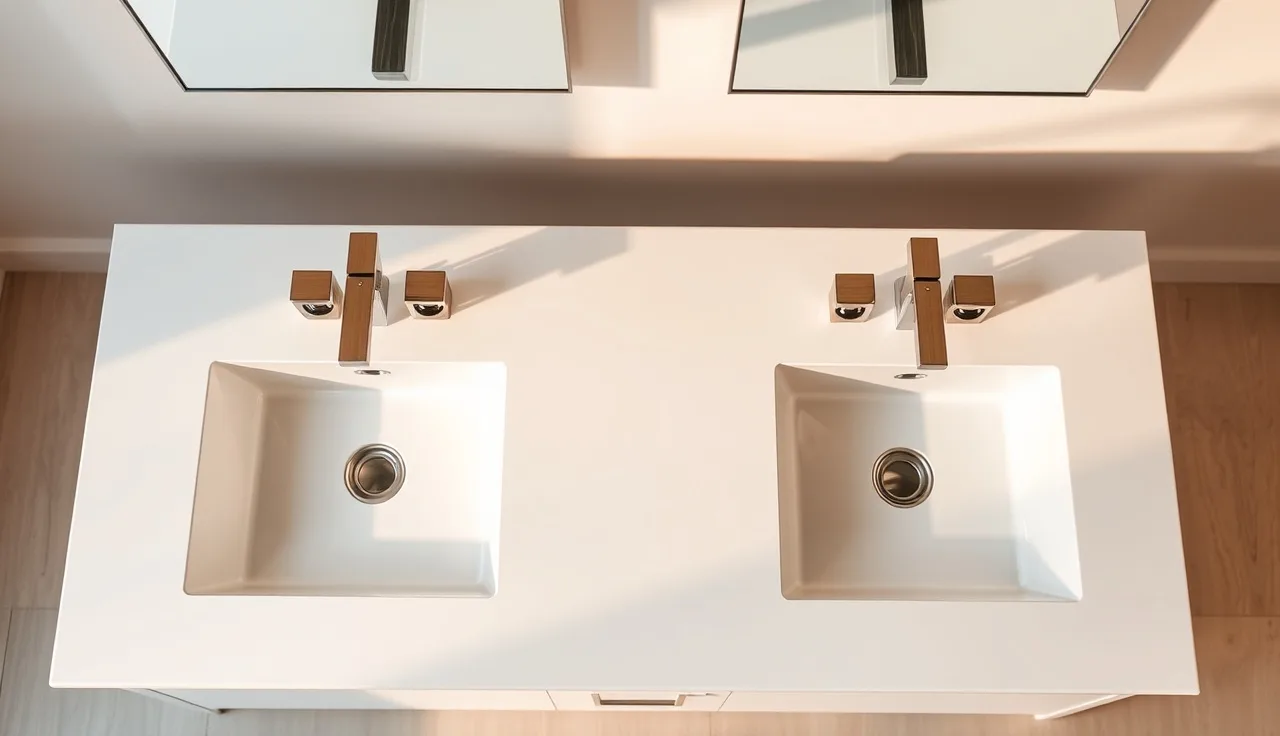White quartz double-sink bathroom vanity countertop with two undermount basins and chrome faucets