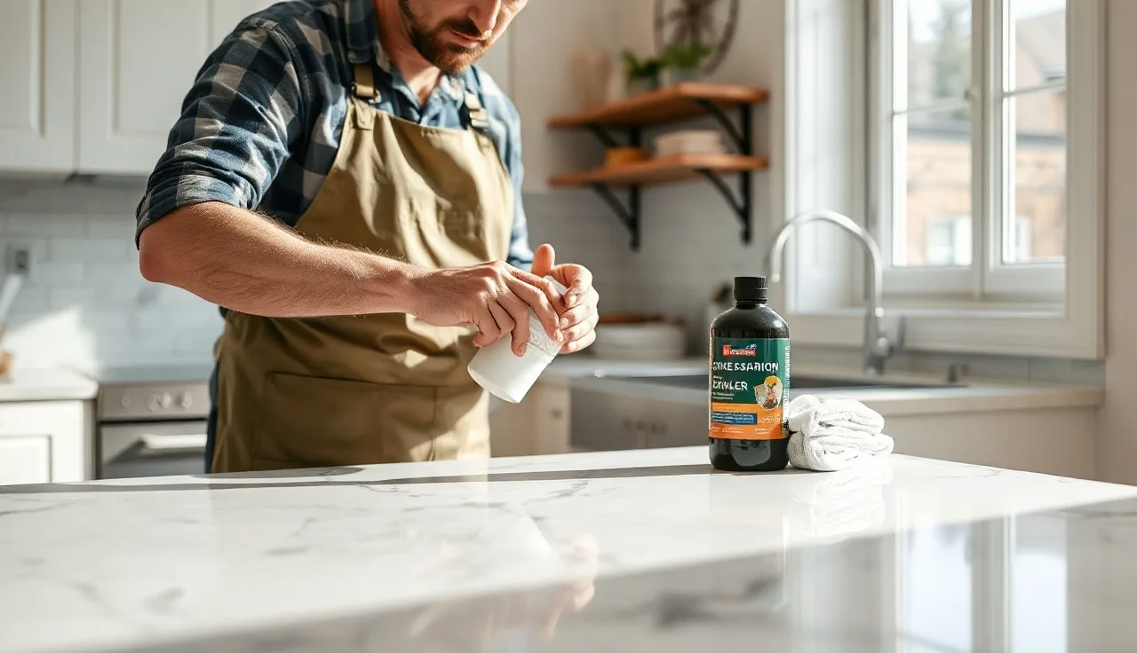 Fabricator applying penetrating sealer to a marble kitchen countertop with a cloth