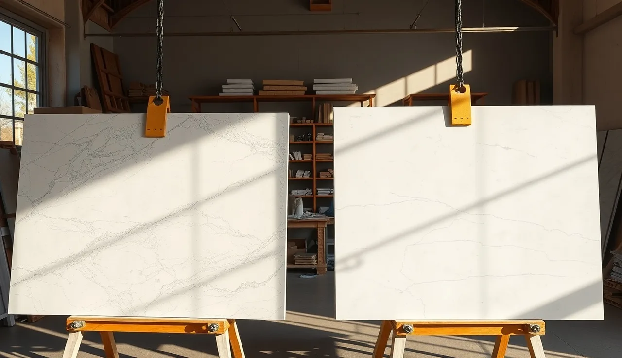 Two marble slabs with contrasting polished and honed finishes on sawhorses in a stone fabrication shop