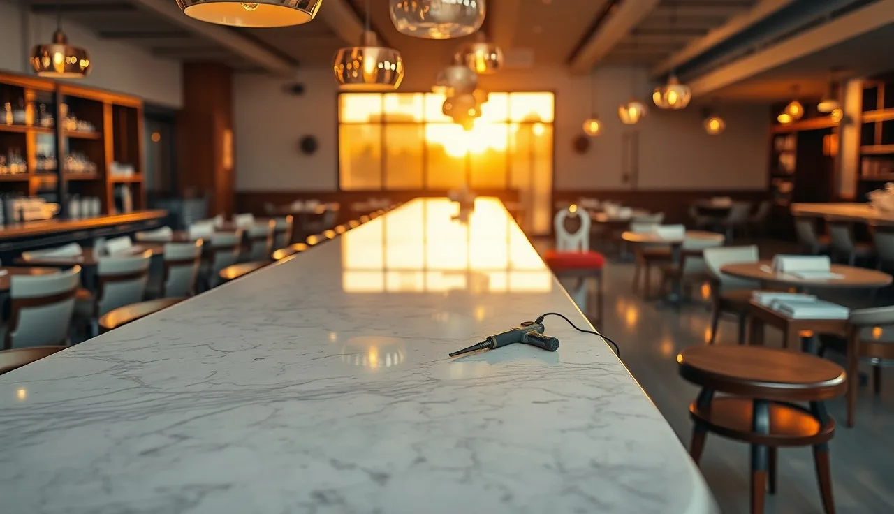 Newly installed polished quartz bar counter in an empty restaurant during renovation