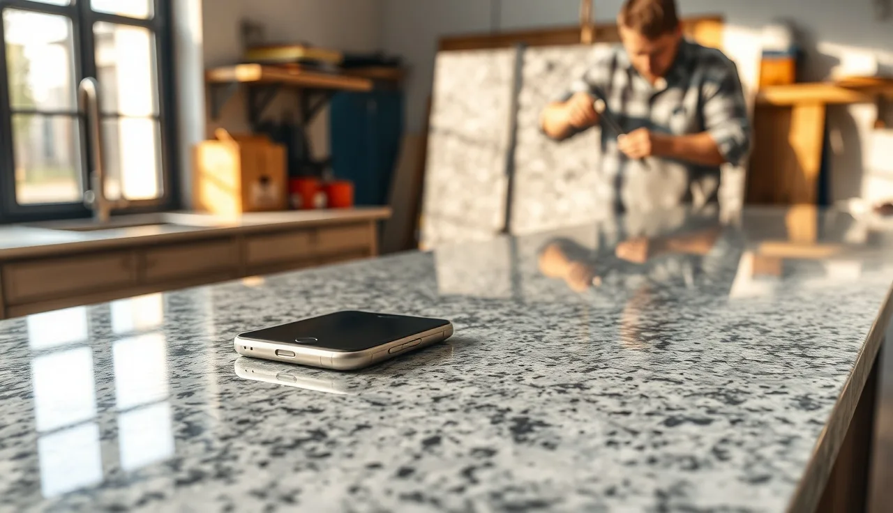 Fabricator measuring a routed pocket in the underside of a granite countertop for wireless charging