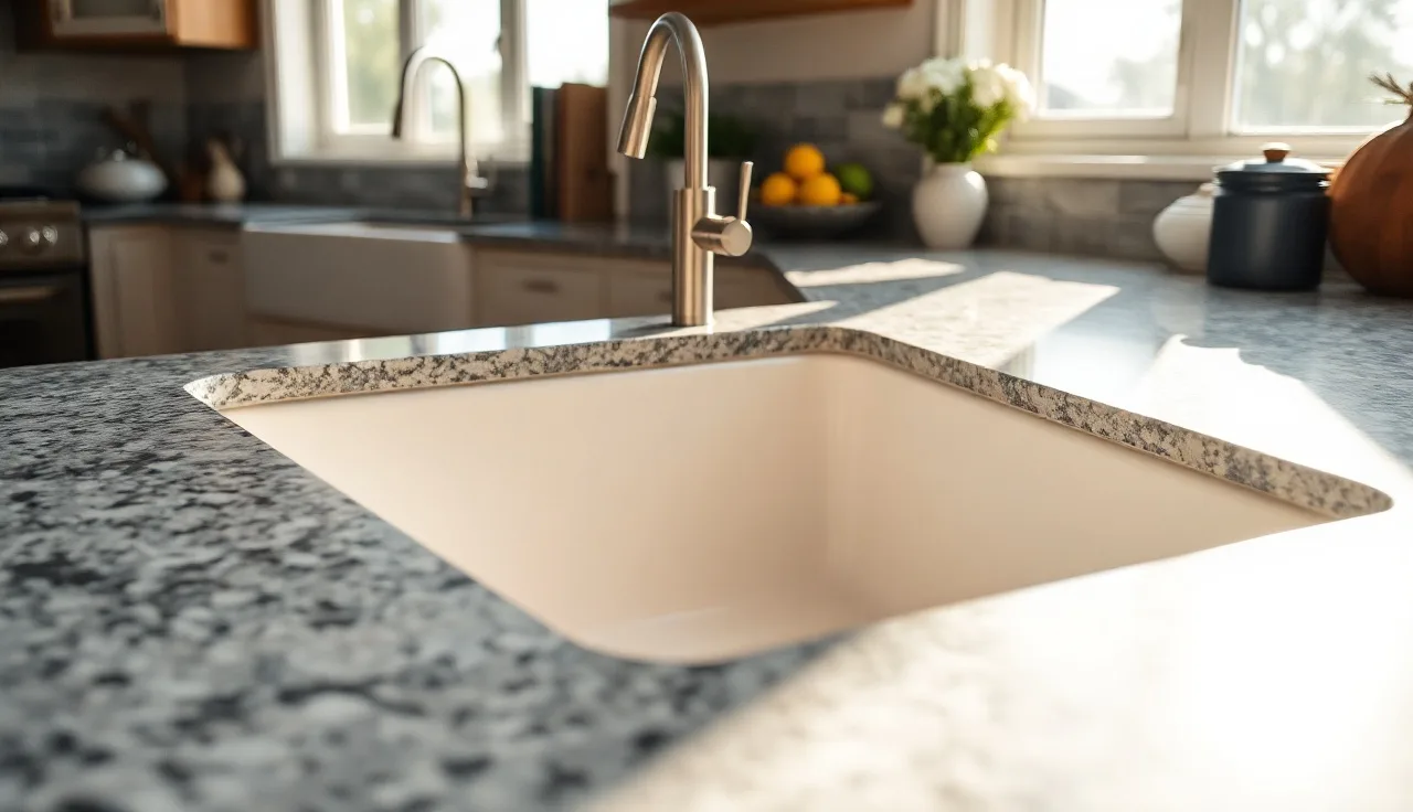 Farmhouse apron-front sink with granite countertop showing polished cutout edge