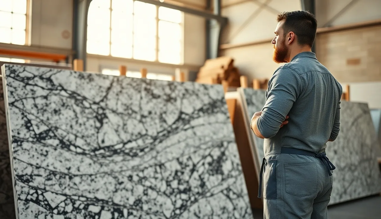 Fabricator reviewing granite slabs in a stone shop for a kitchen countertop quote