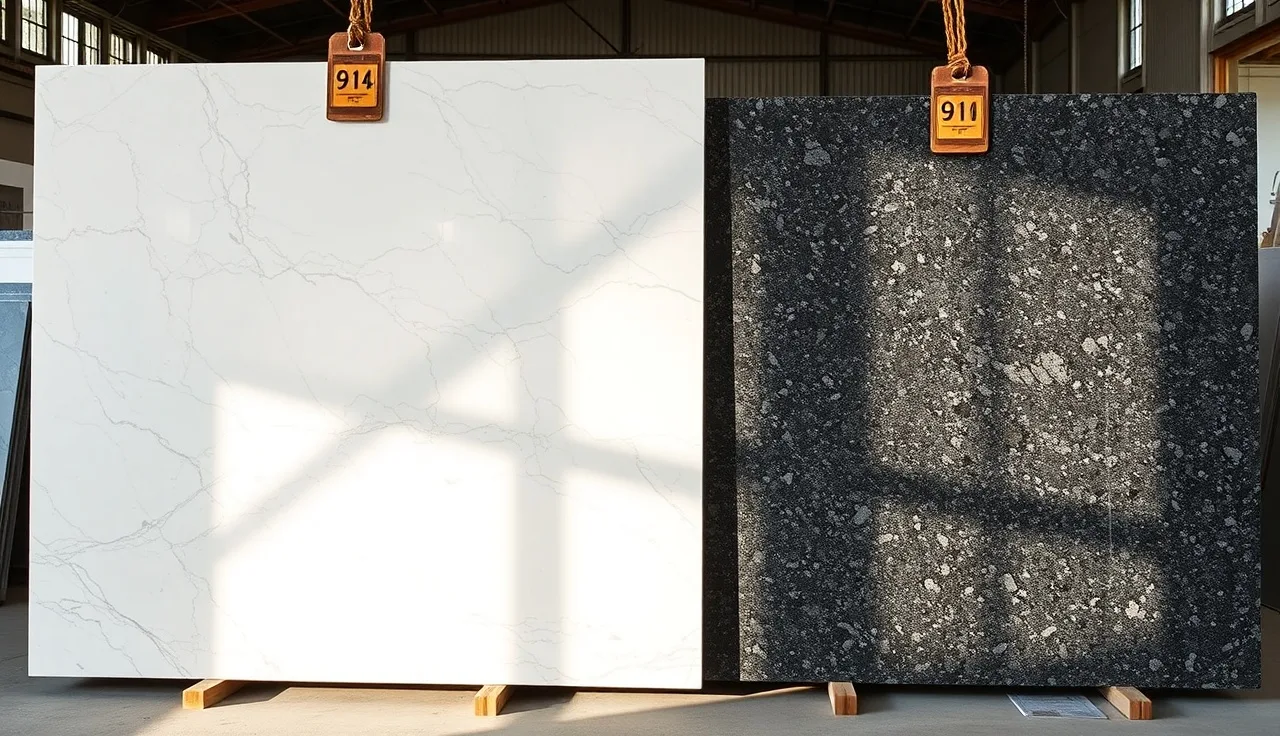 Quartzite and granite slabs side by side in a stone yard, morning light