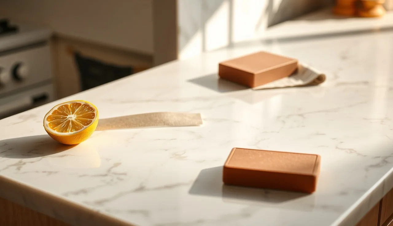 White marble countertop with visible acid etch ring beside a lemon and sanding block