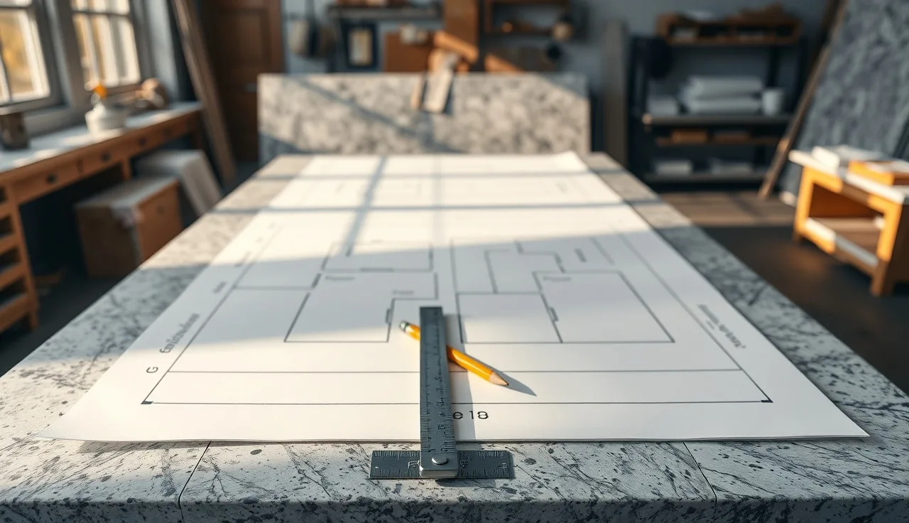 Printed countertop fabrication drawing on a shop workbench with a ruler