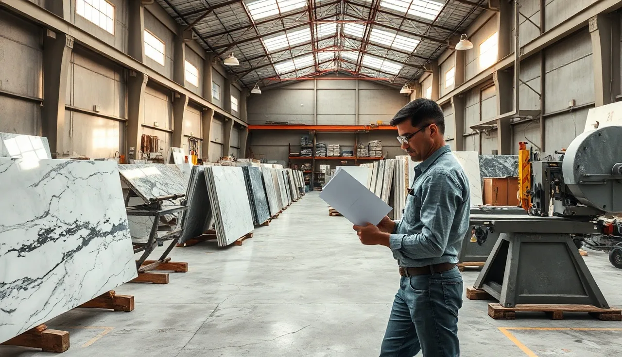 Stone fabrication shop floor with granite slabs staged at a bridge saw