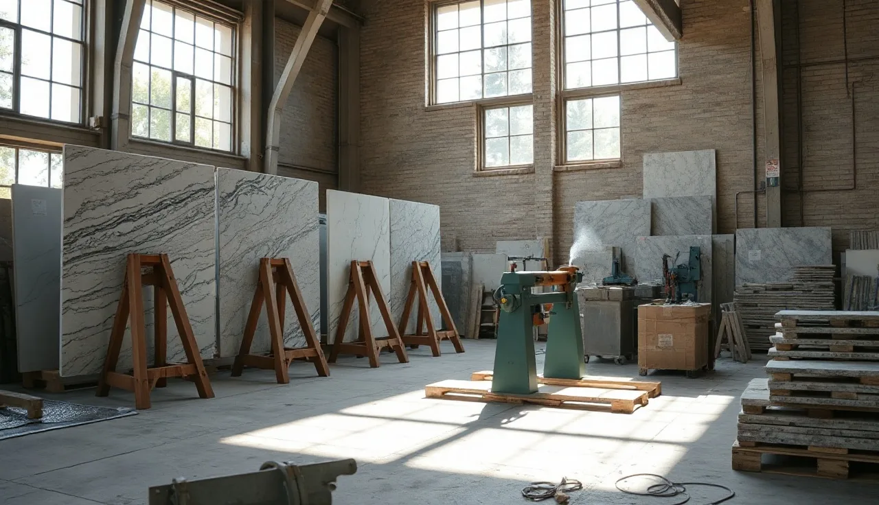 Bridge saw cutting granite slab in a fabrication shop with offcuts organized nearby