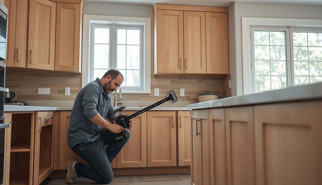 Fabricator using a digital templating device to measure kitchen countertop space