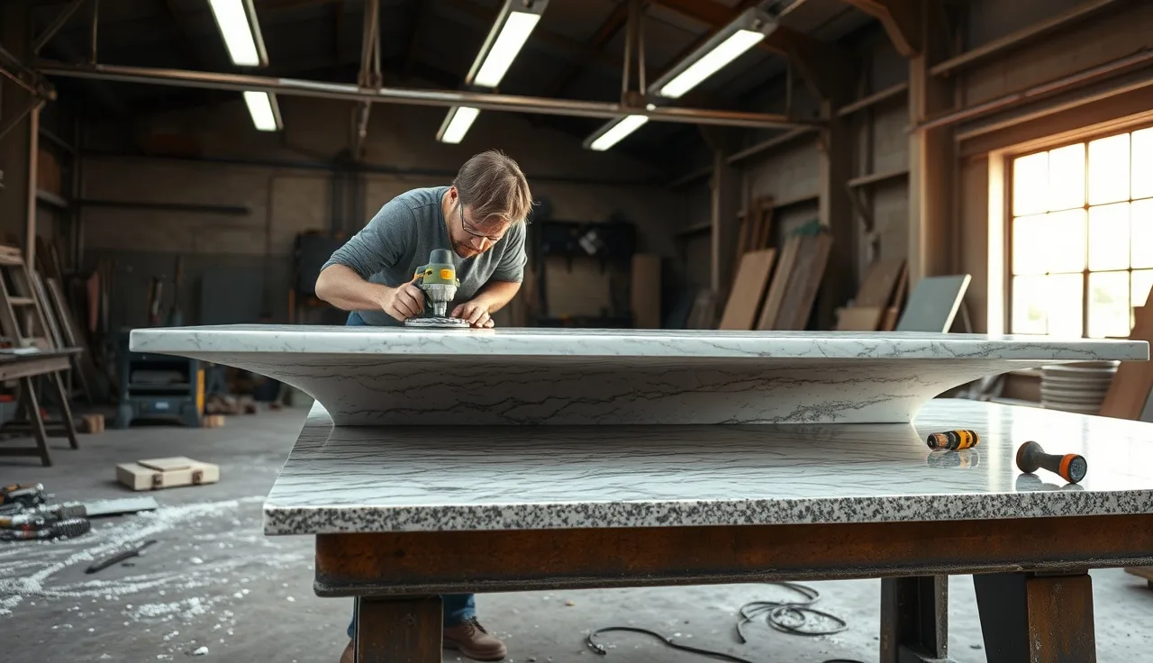 Fabricator routing reinforcement channel into granite slab underside at a cooktop cutout