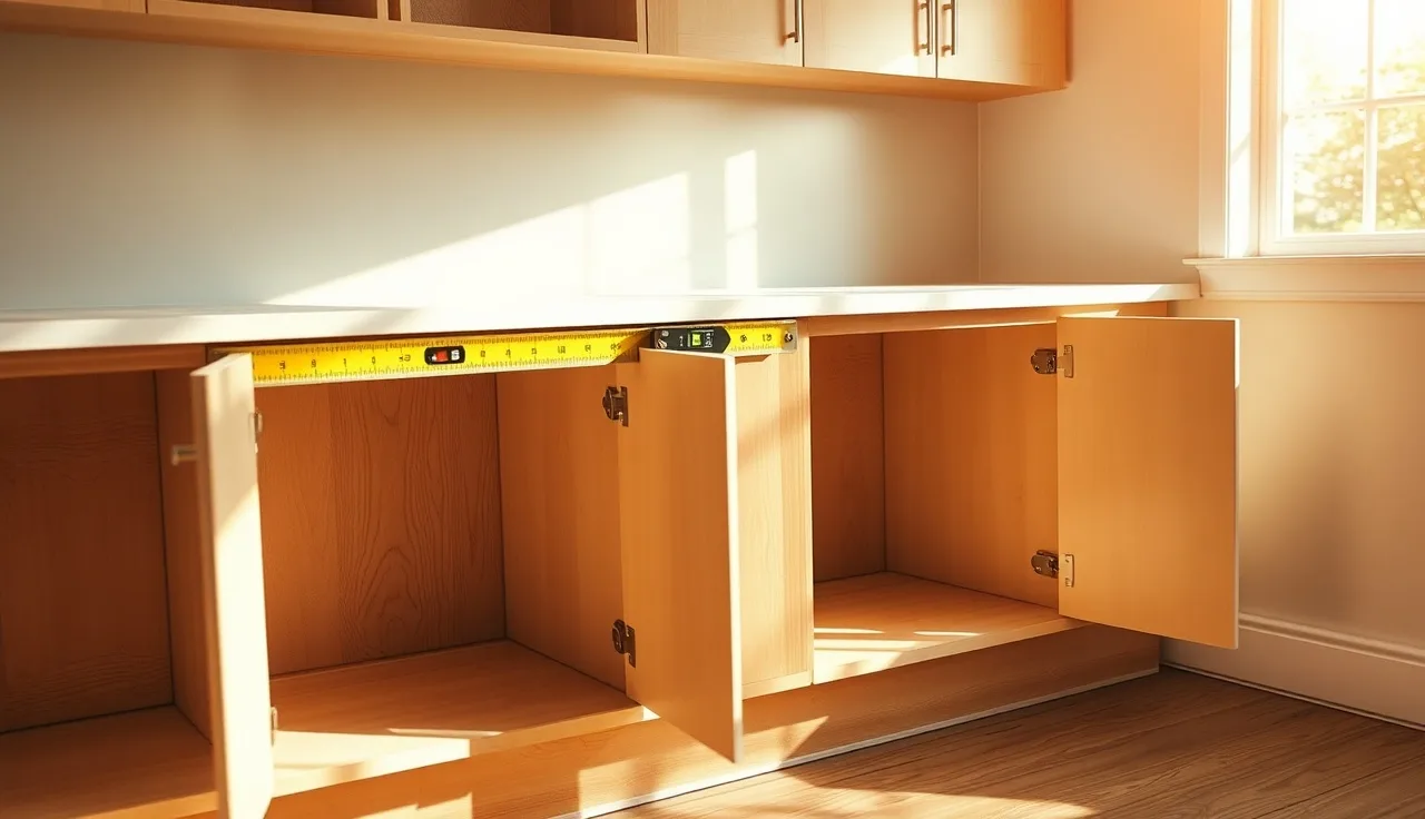 Installer using a spirit level across bare base cabinets before stone countertop installation