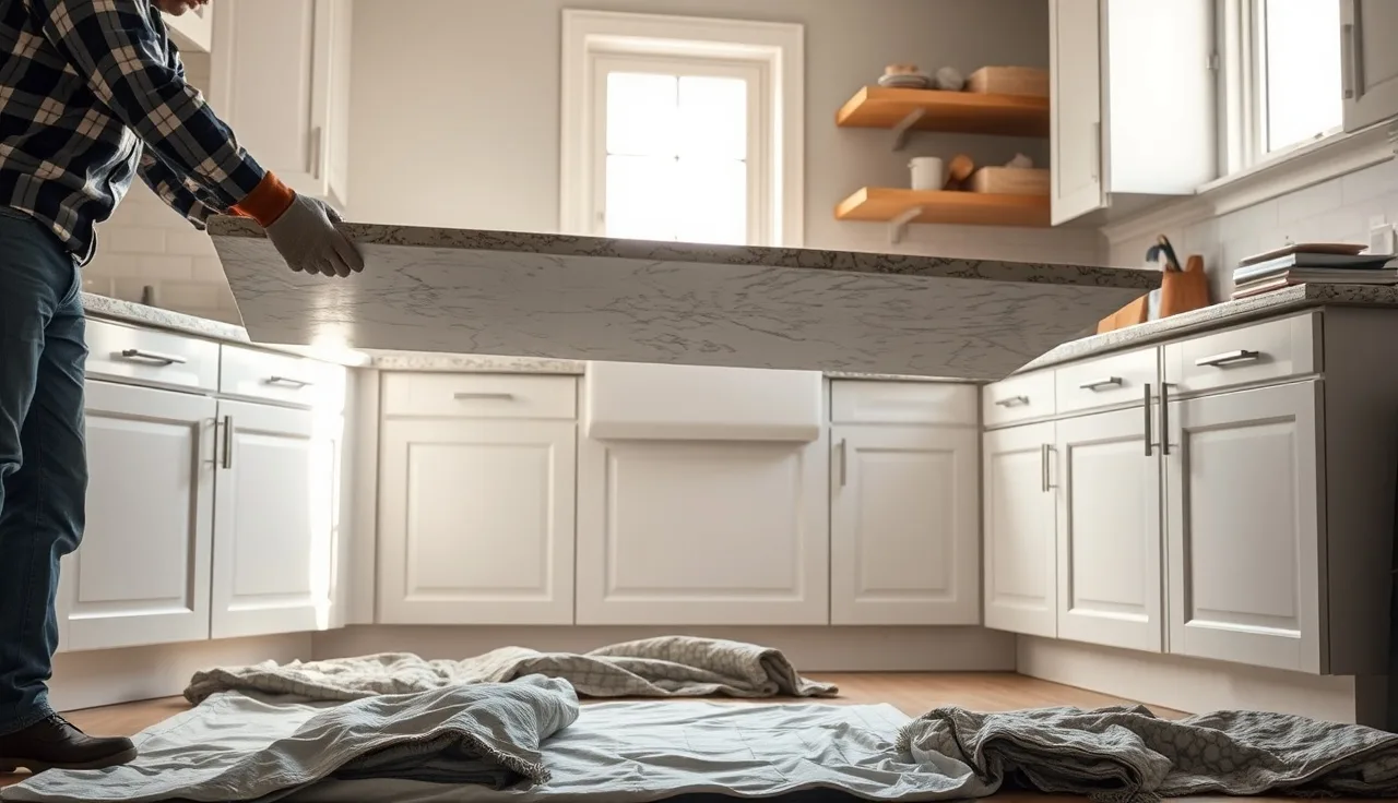 Two workers carefully lifting a granite countertop slab off white kitchen cabinets
