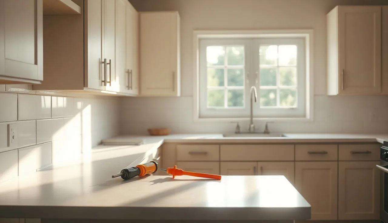 Bare kitchen cabinets with tools after countertop removal in afternoon light