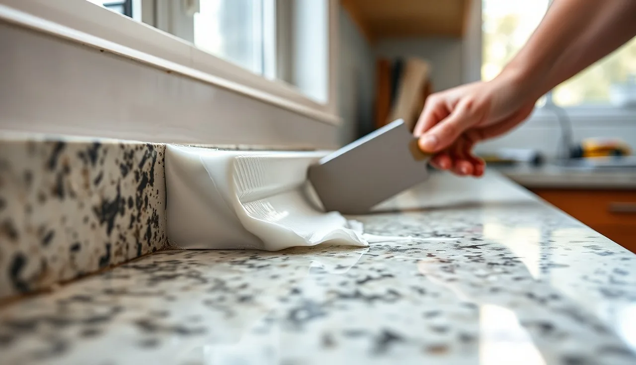 Plastic scraper removing old white caulk from a granite countertop wall joint