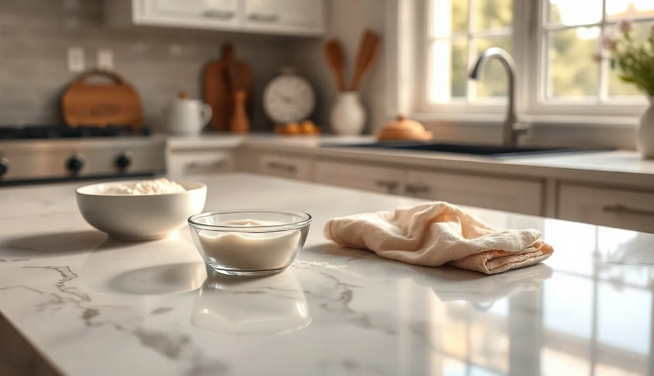 Hands applying a poultice to a stain on a white marble kitchen countertop