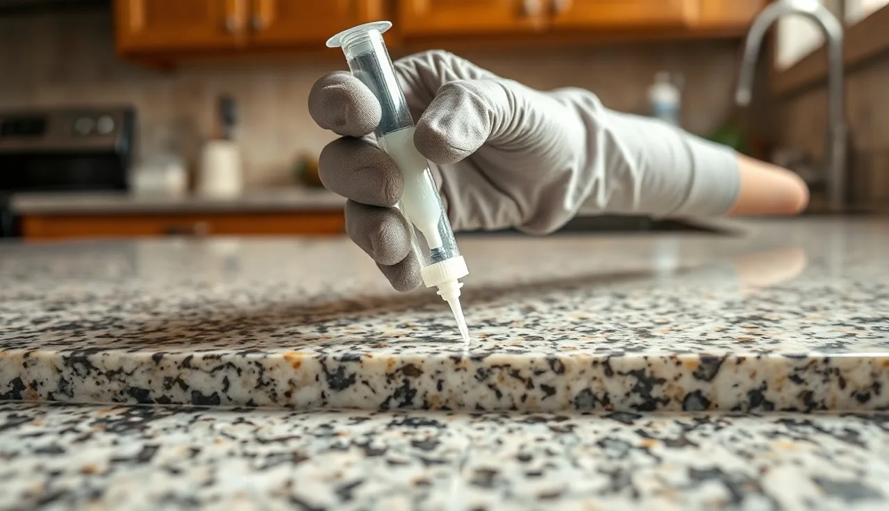 Gloved hand applying epoxy adhesive to a cracked granite countertop seam