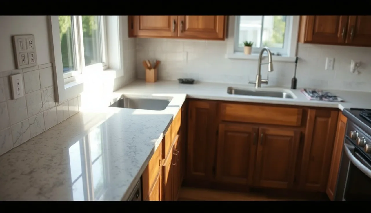 Kitchen cabinets half-covered with new quartz countertop during replacement project