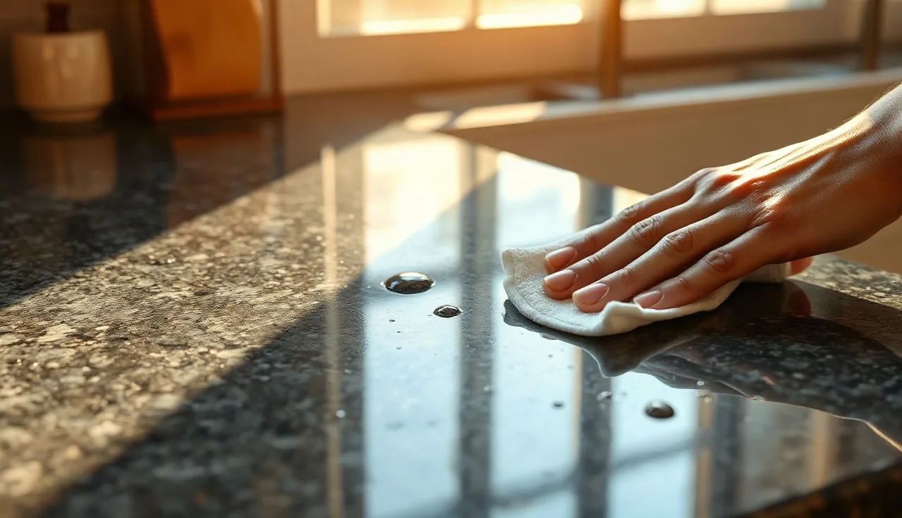 Hand buffing a polished granite countertop with a microfiber cloth to restore shine