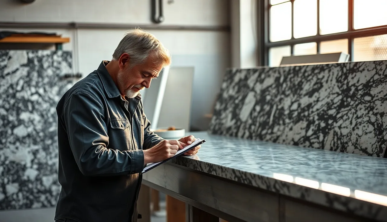 Fabricator writing notes at workbench next to a polished granite countertop slab