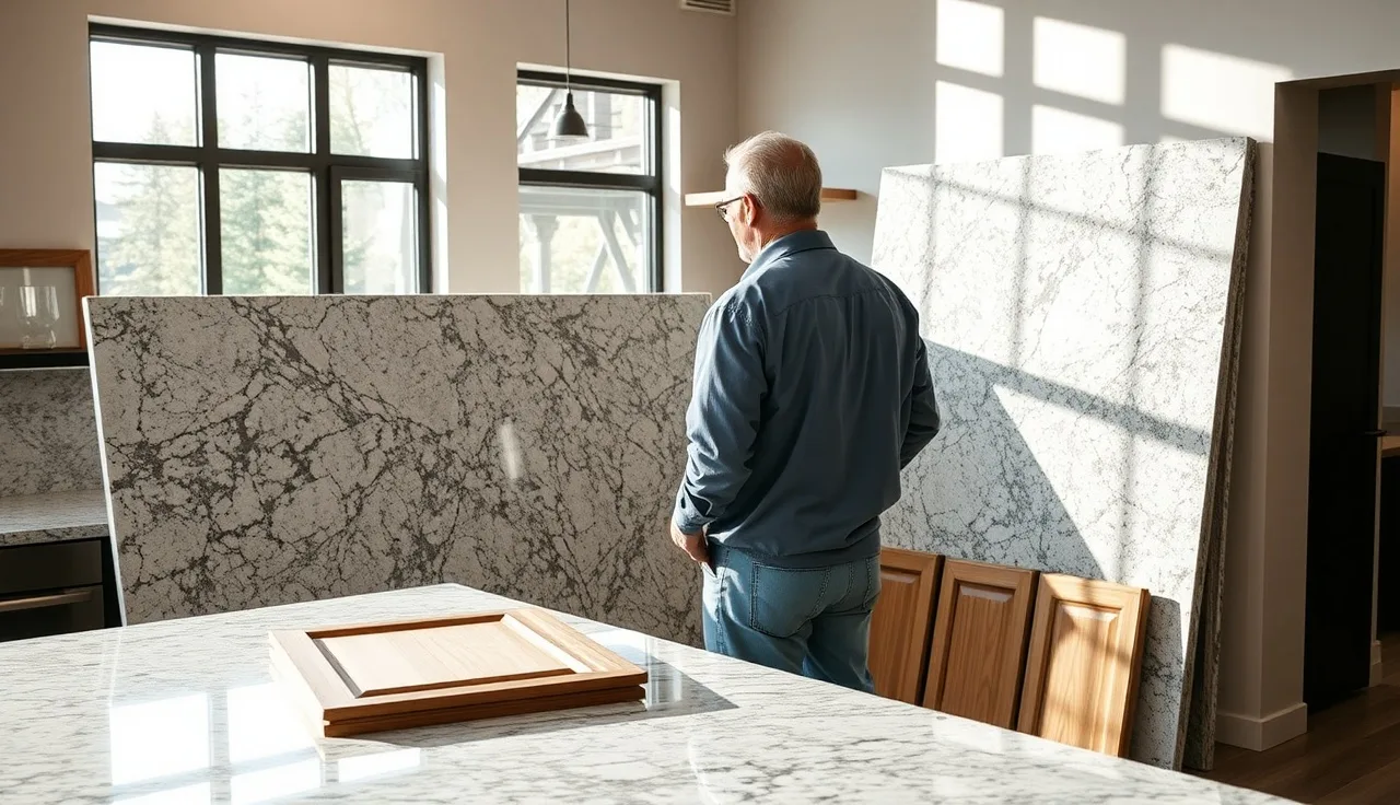 Fabricator and homeowner comparing granite slabs in a countertop showroom