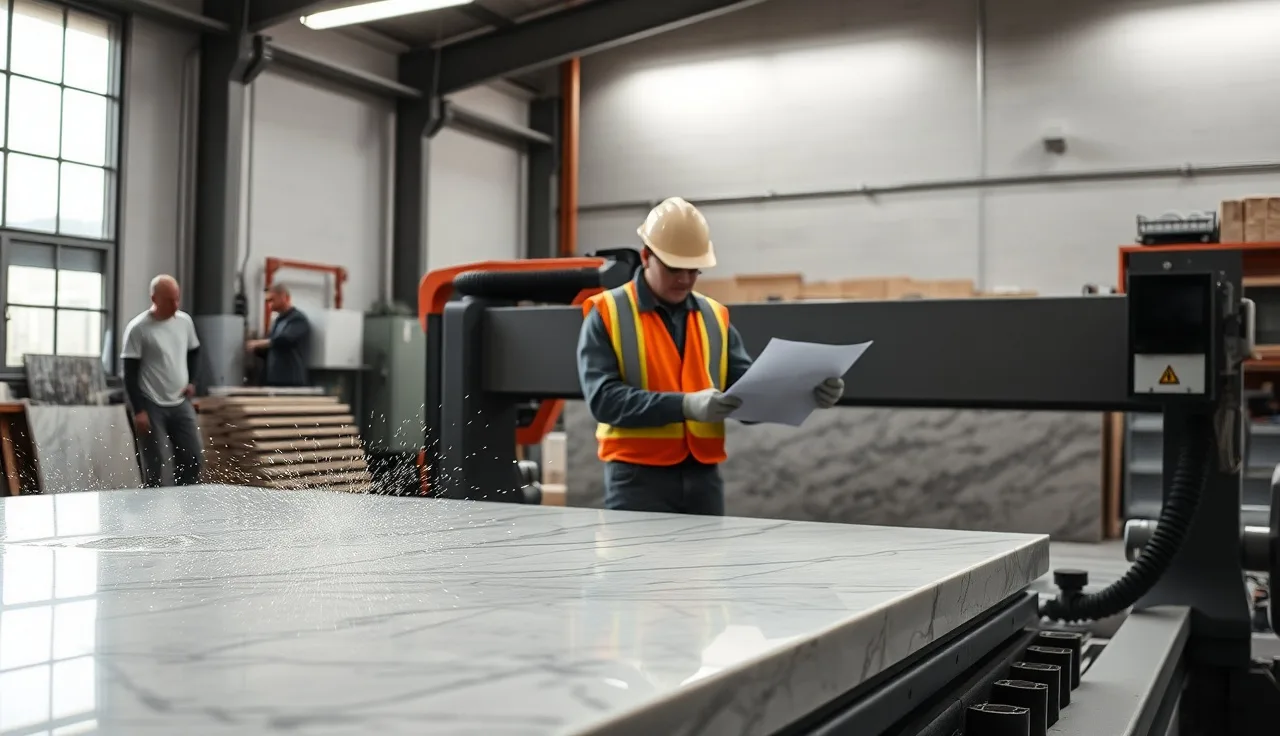 Workers reviewing layout drawings beside a CNC saw cutting a large stone slab in a fabrication shop
