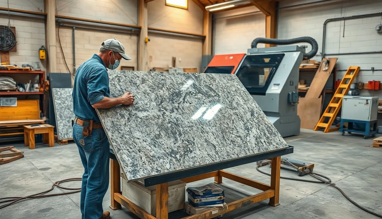 Fabrication worker reviewing a cut granite slab beside a CNC bridge saw in a stone shop