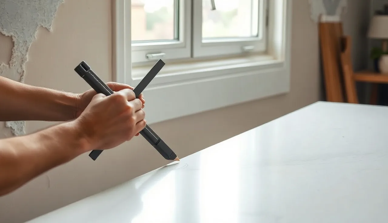 Fabricator scribing a compass line on a quartz countertop against an uneven wall