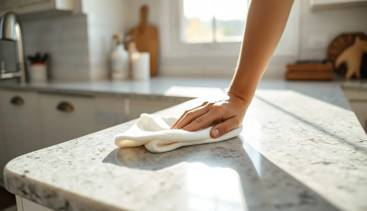 Person applying sealer to a light granite countertop with a microfiber cloth