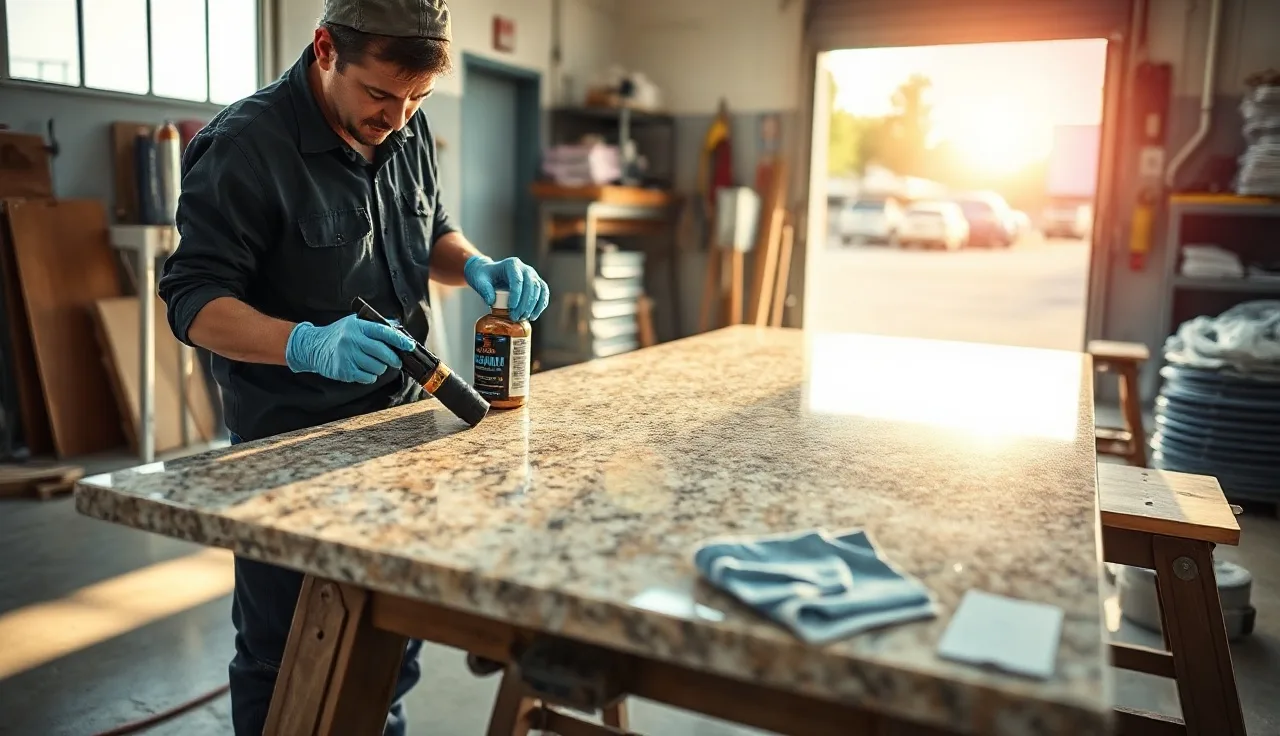 Shop worker sealing a polished granite countertop slab before delivery