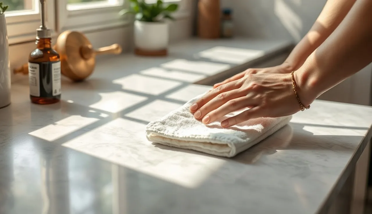 Person applying sealer to a pale quartzite countertop with a white cloth