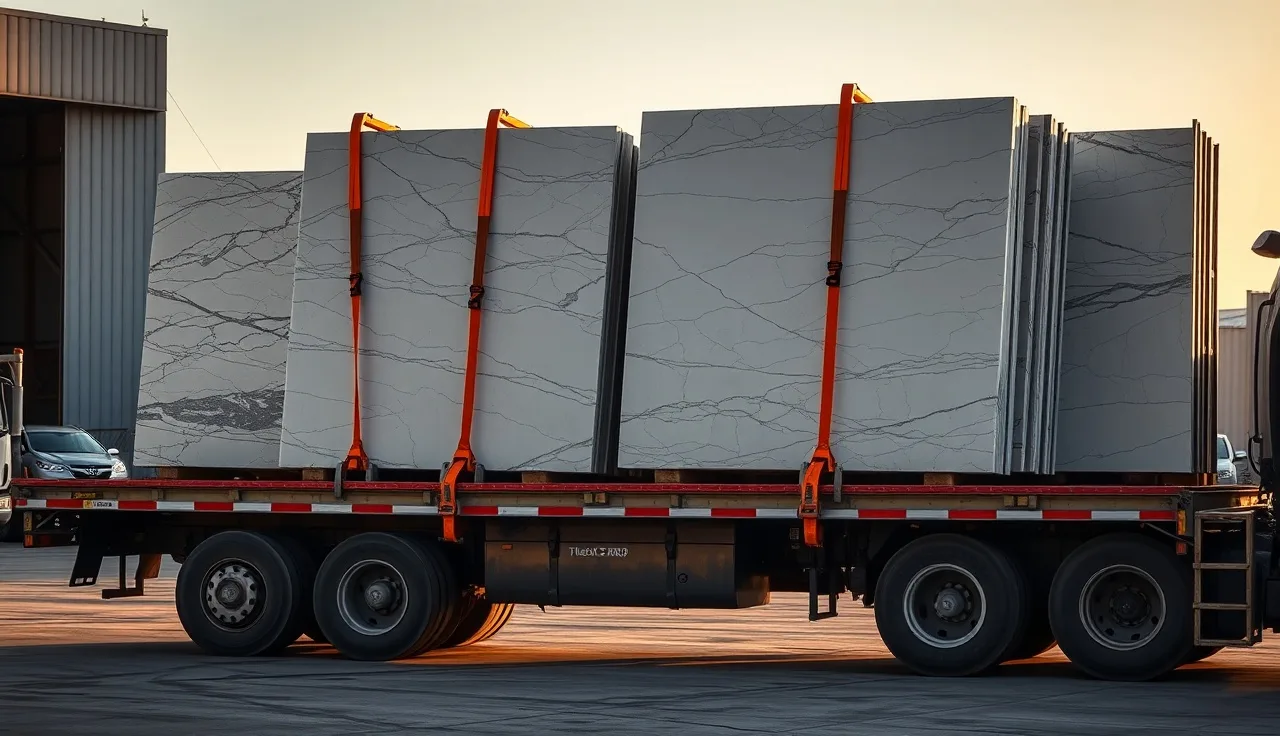 Stone slabs secured upright on A-frame racks on a flatbed delivery truck