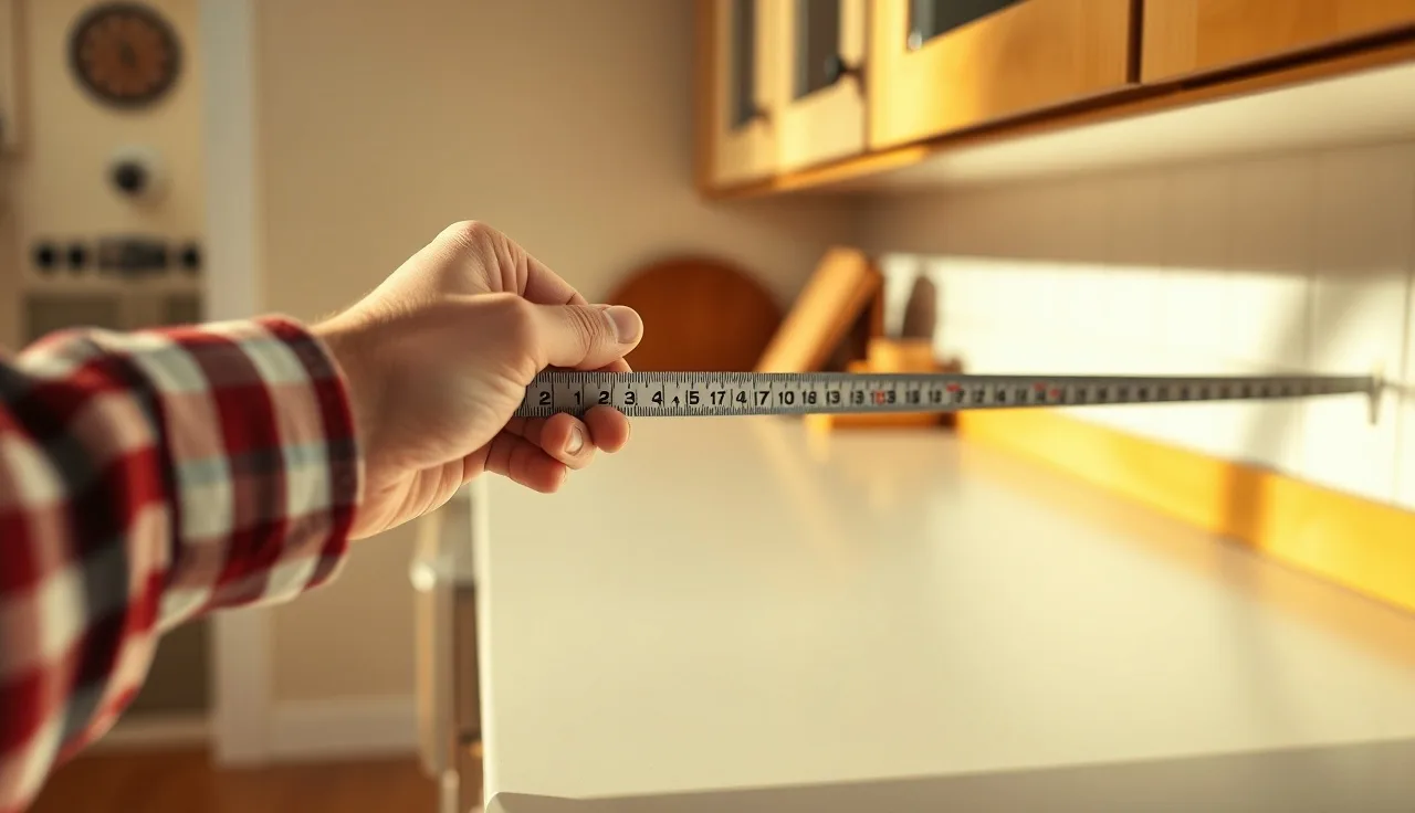 Hand measuring kitchen countertop length with a steel tape measure against a wall