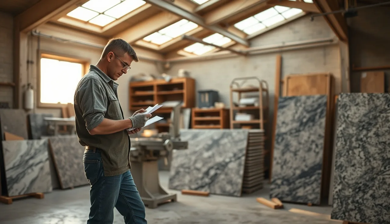 Fabricator reviewing job measurements beside a bridge saw in a stone shop