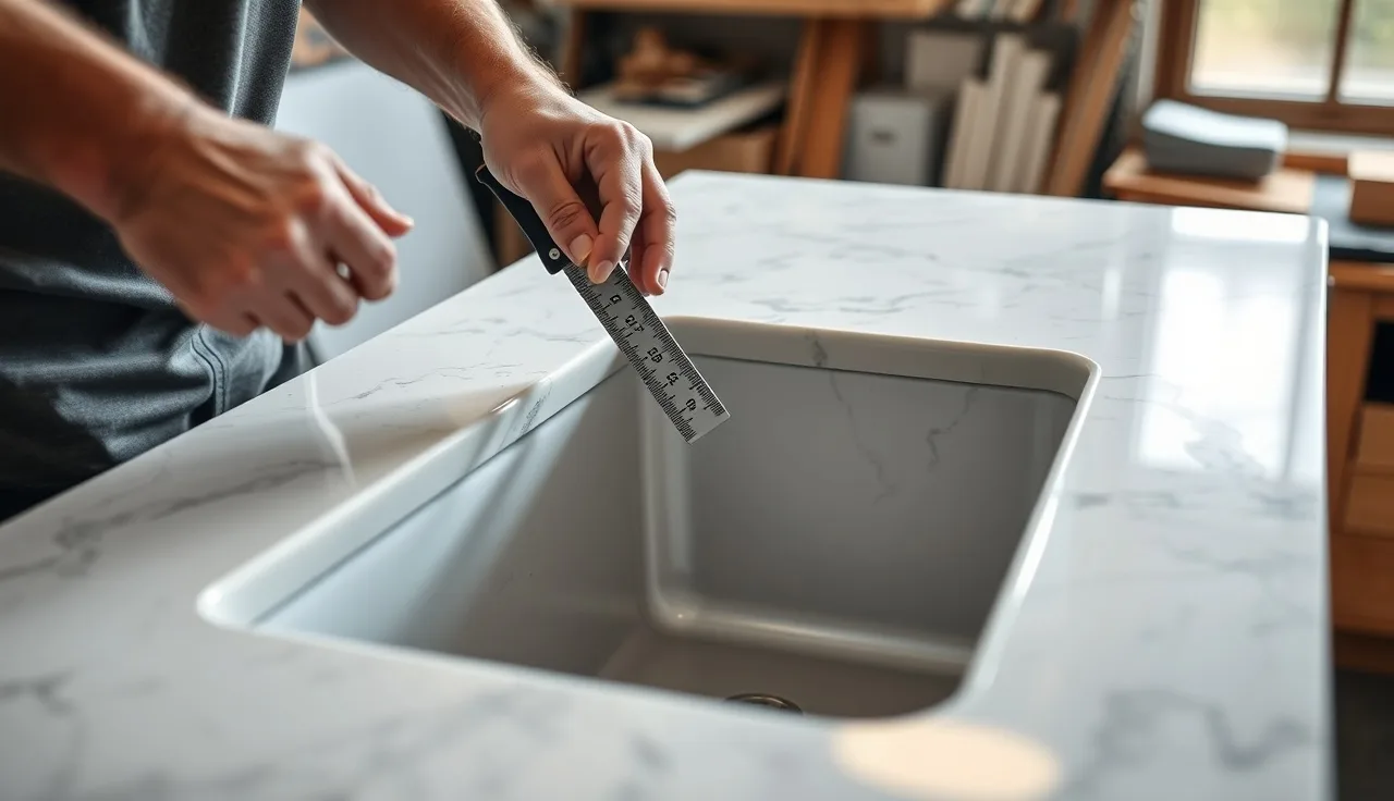 Fabricator measuring undermount sink reveal depth on a polished granite countertop cutout