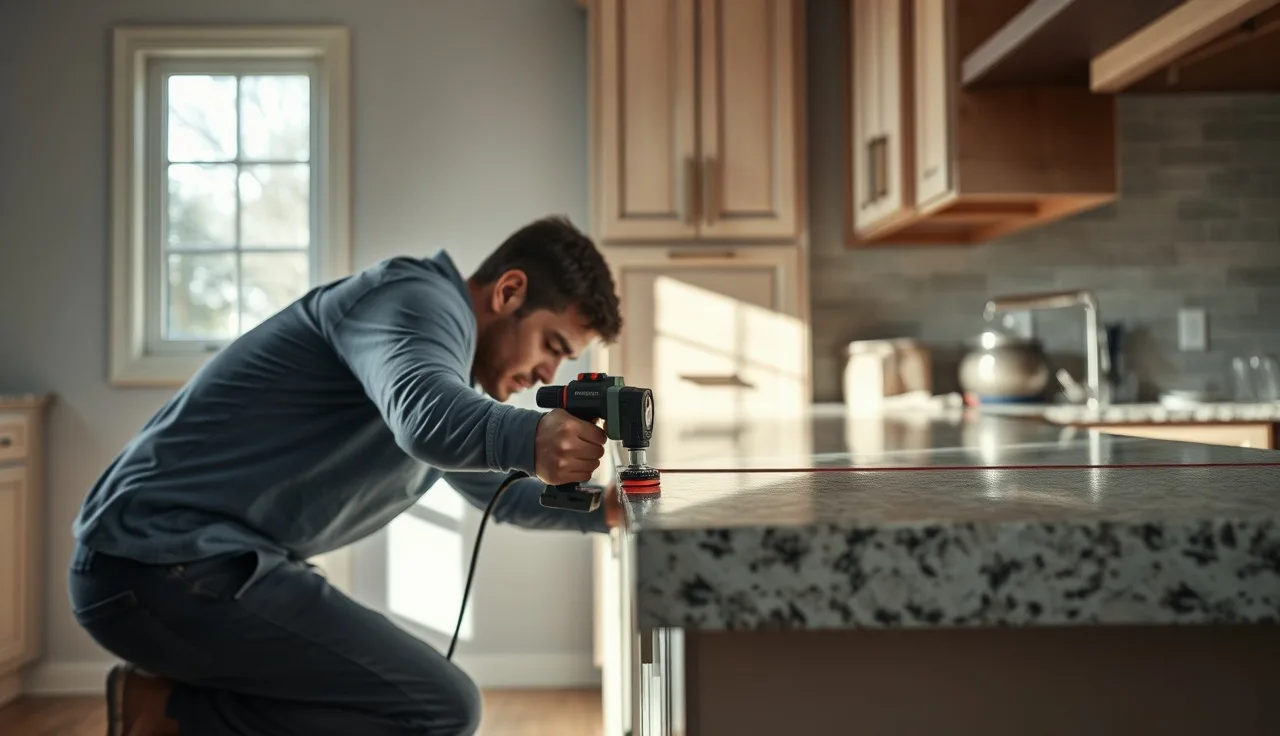 Fabrication technician using a laser arm device to digitally template a kitchen countertop