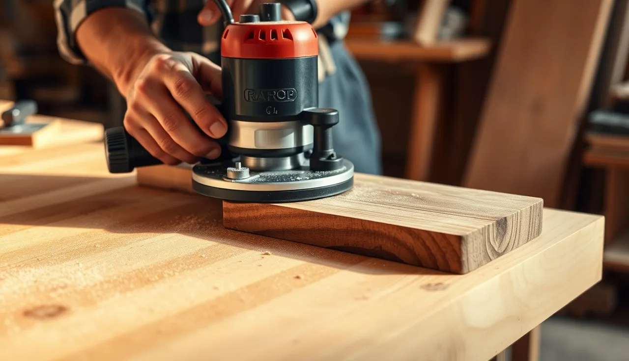 Craftsman routing a bullnose edge profile on a hardwood countertop in a wood shop